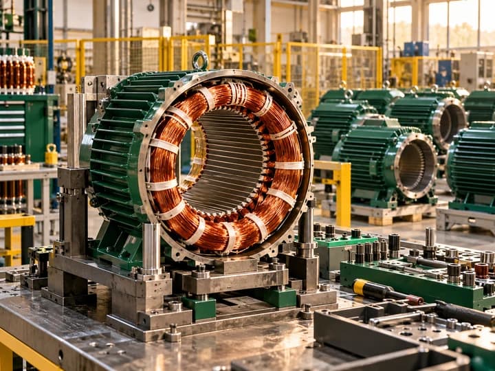 Conceptual electric motor assembly station with copper windings and test equipment