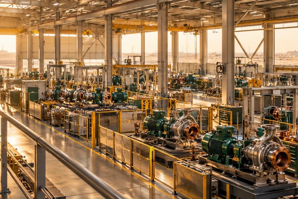 Conceptual modern electromechanical factory with organised pump and motor assembly cells