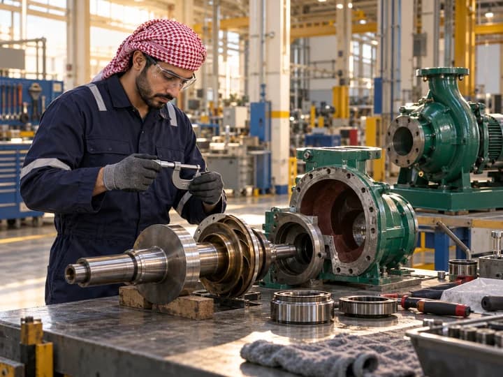 Conceptual industrial technician inspecting a pump in a maintenance workshop