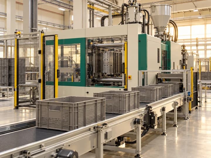 Conceptual industrial plastics moulding line with reusable crates