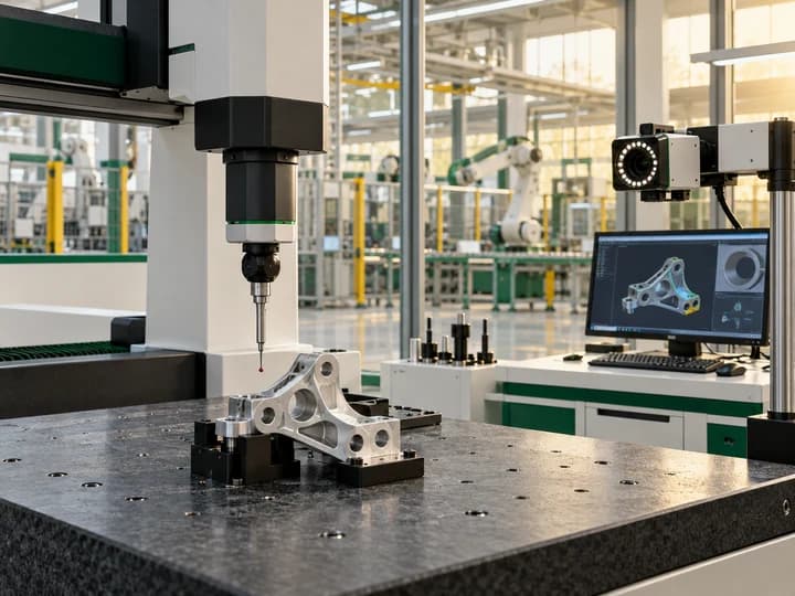 Conceptual coordinate measuring machine inspecting an aluminium component