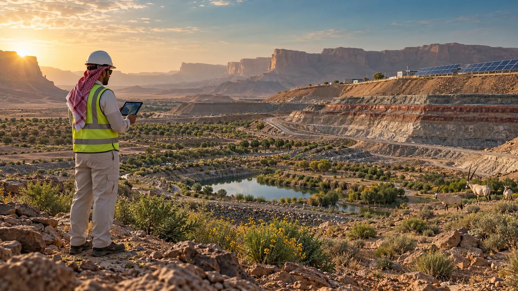 Illustrative image: a Saudi engineer reviews a rehabilitated mine landscape with a water pond and vegetation