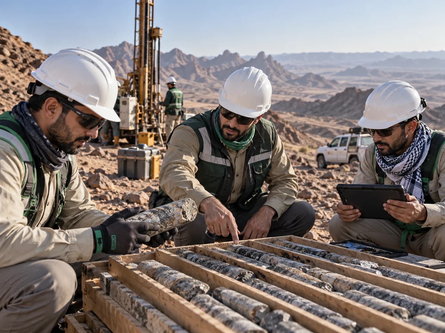 Illustrative image: geologists examine drill core trays at an exploration camp