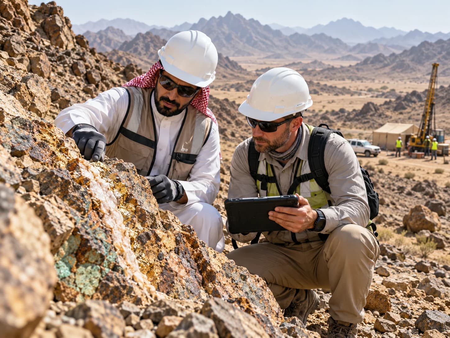 Illustrative image: two specialists inspect a mineralised rock outcrop with a tablet