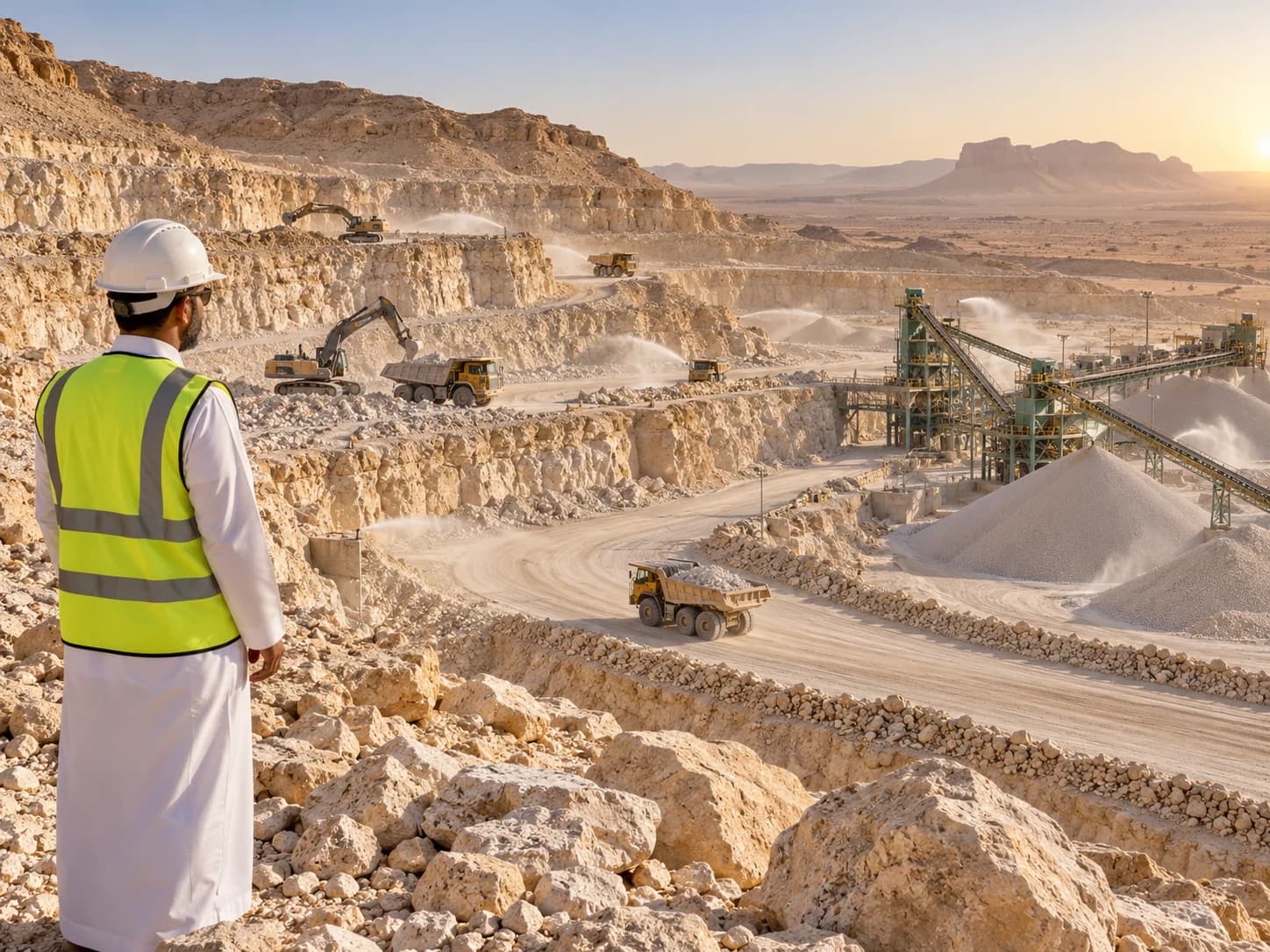 Illustrative image: a site engineer overlooks a quarry with haul trucks and stockpiles
