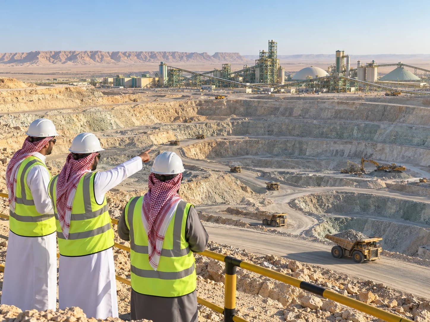 Illustrative image: supervisors overlook an open-pit operation with a processing plant behind
