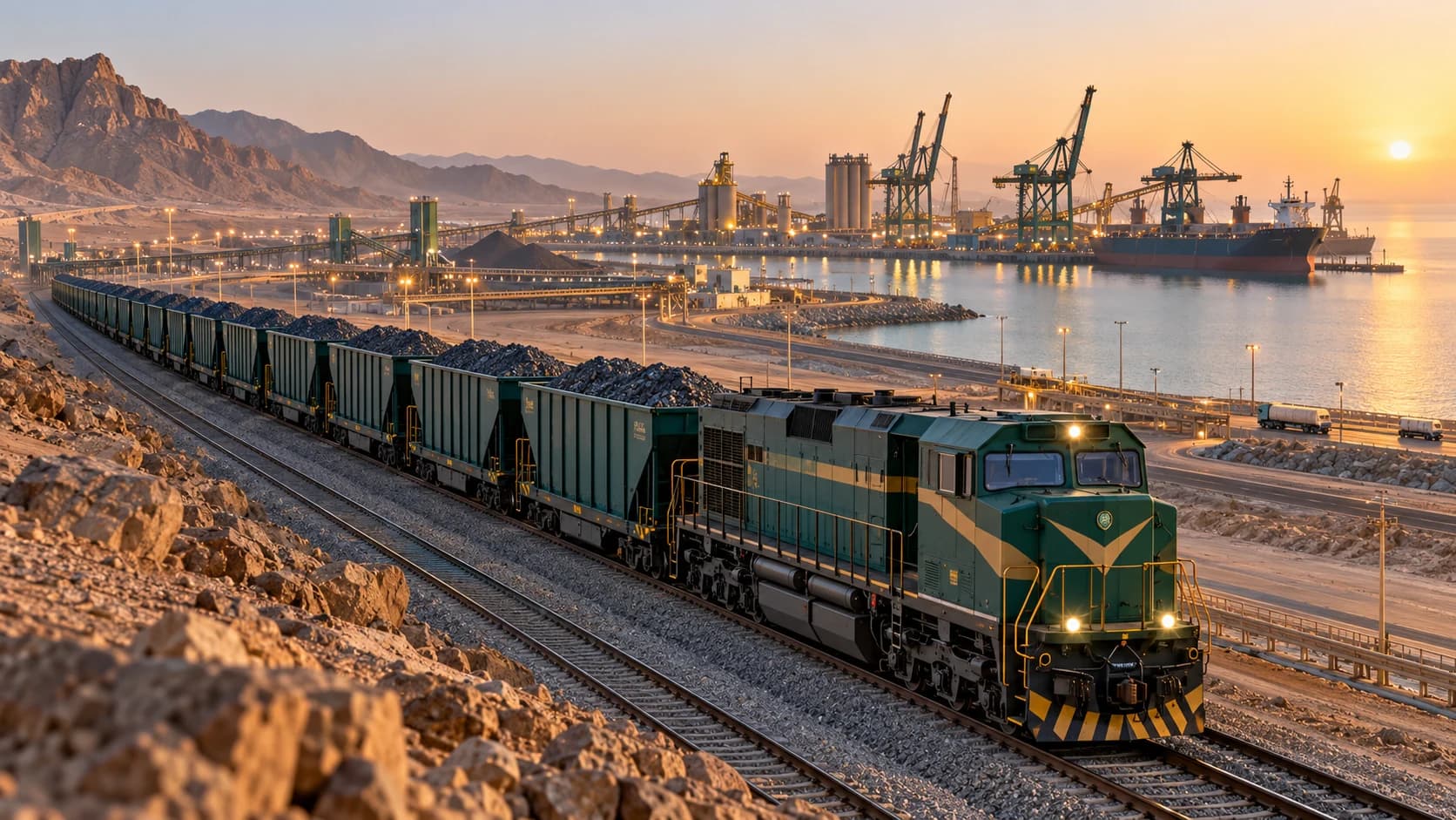 Illustrative image: a freight train of ore wagons runs toward a port at sunrise