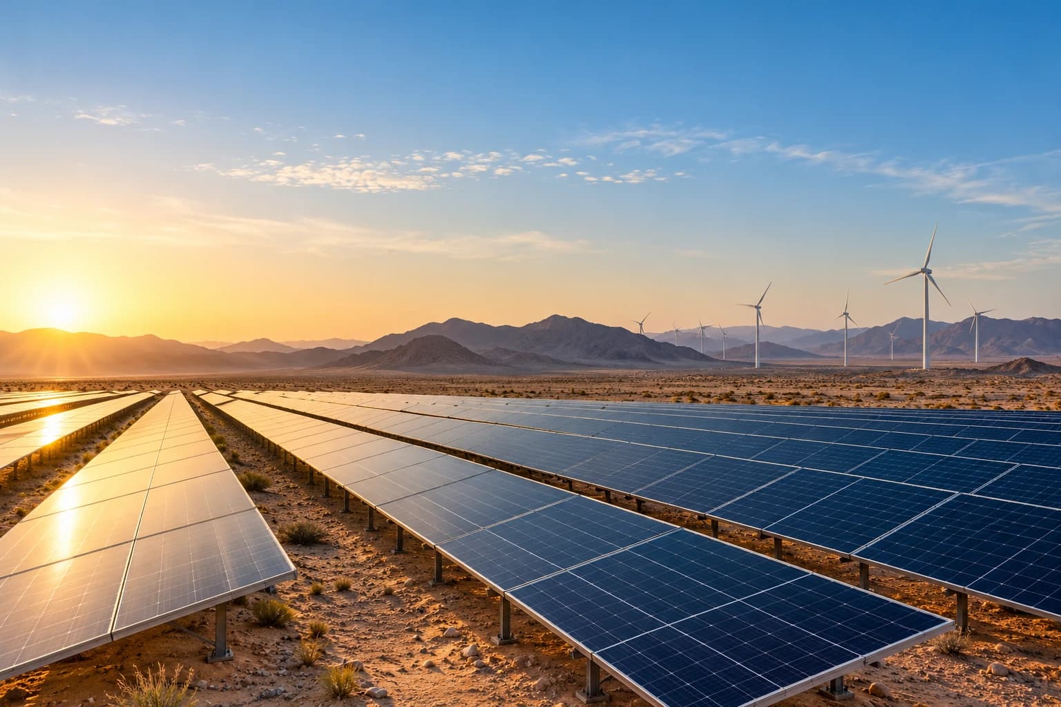 Solar panels and wind turbines in a Saudi desert landscape.