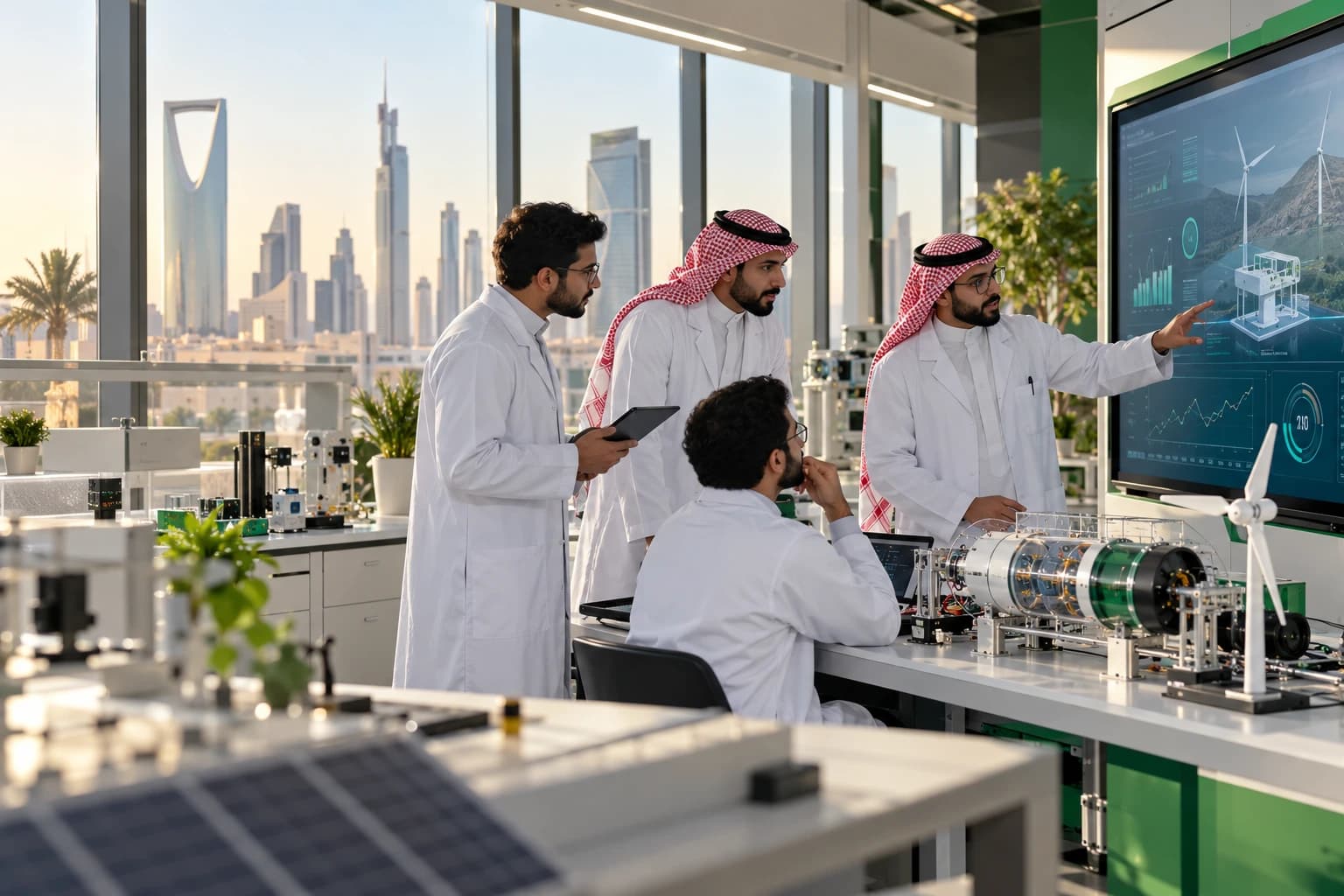 Saudi male researchers reviewing an engineering prototype in a Riyadh lab.