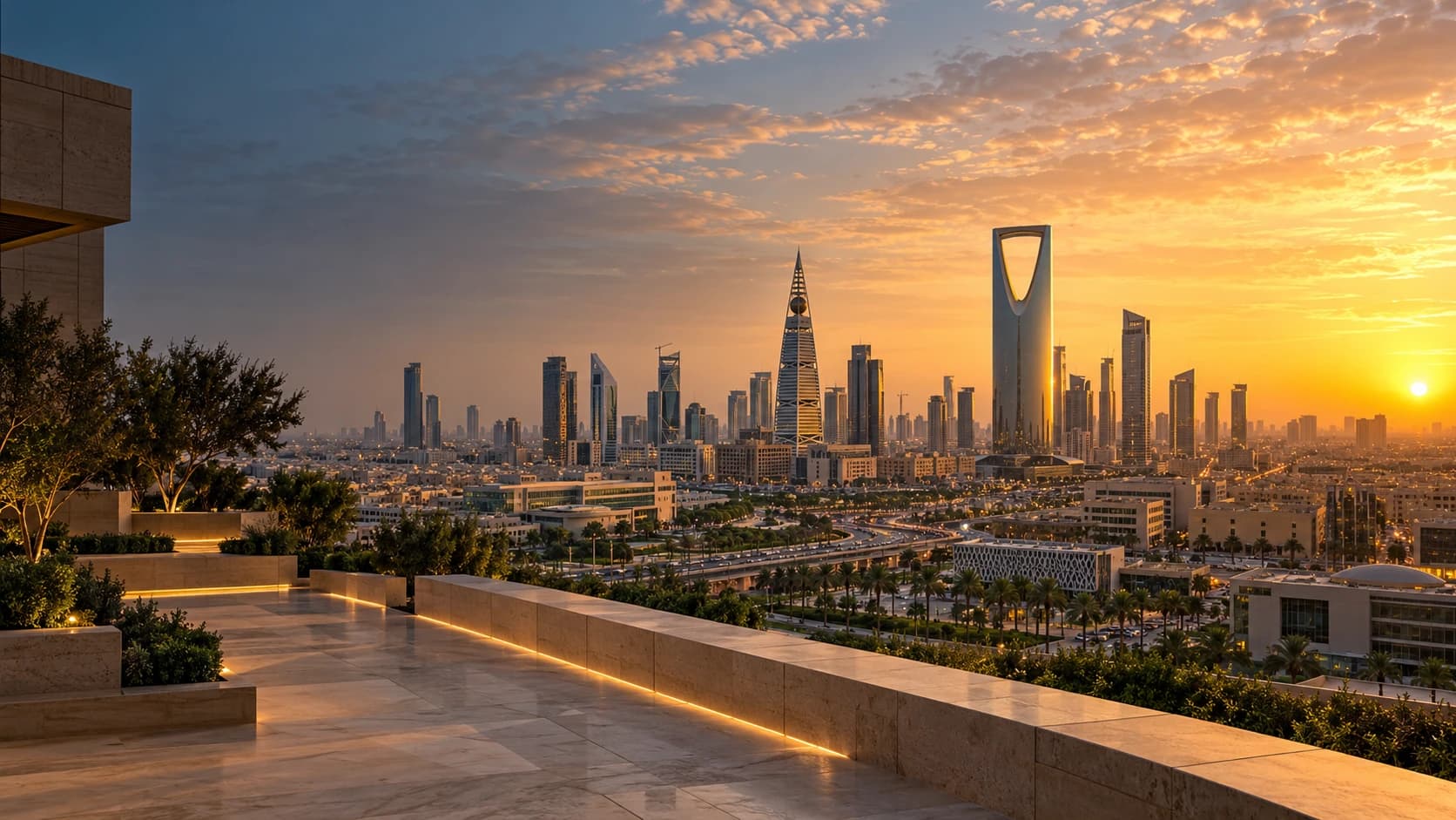 Riyadh skyline at sunrise, representing the setting for Saudi national development.