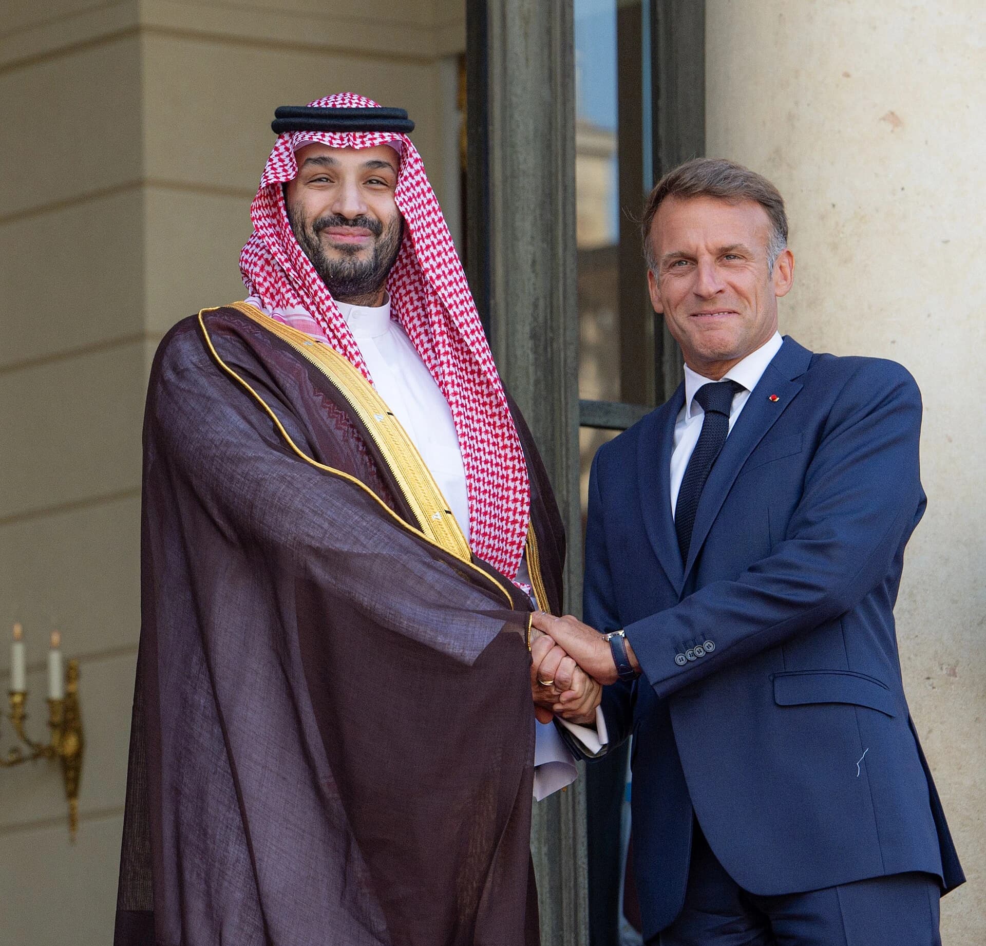 French President Emmanuel Macron receives Crown Prince Mohammed bin Salman at the Élysée Palace in Paris.