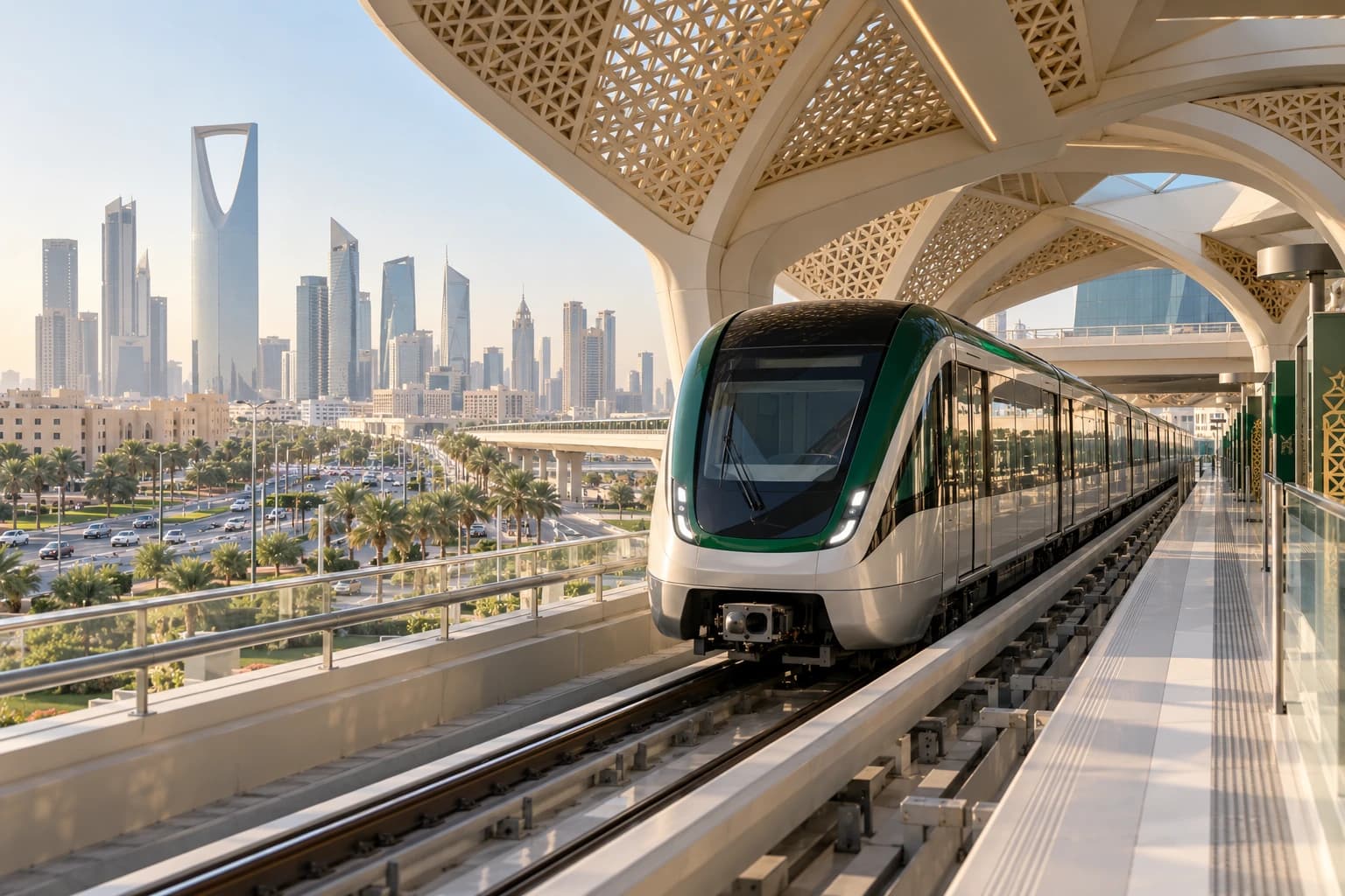 A Riyadh Metro train at a contemporary station with the city skyline.