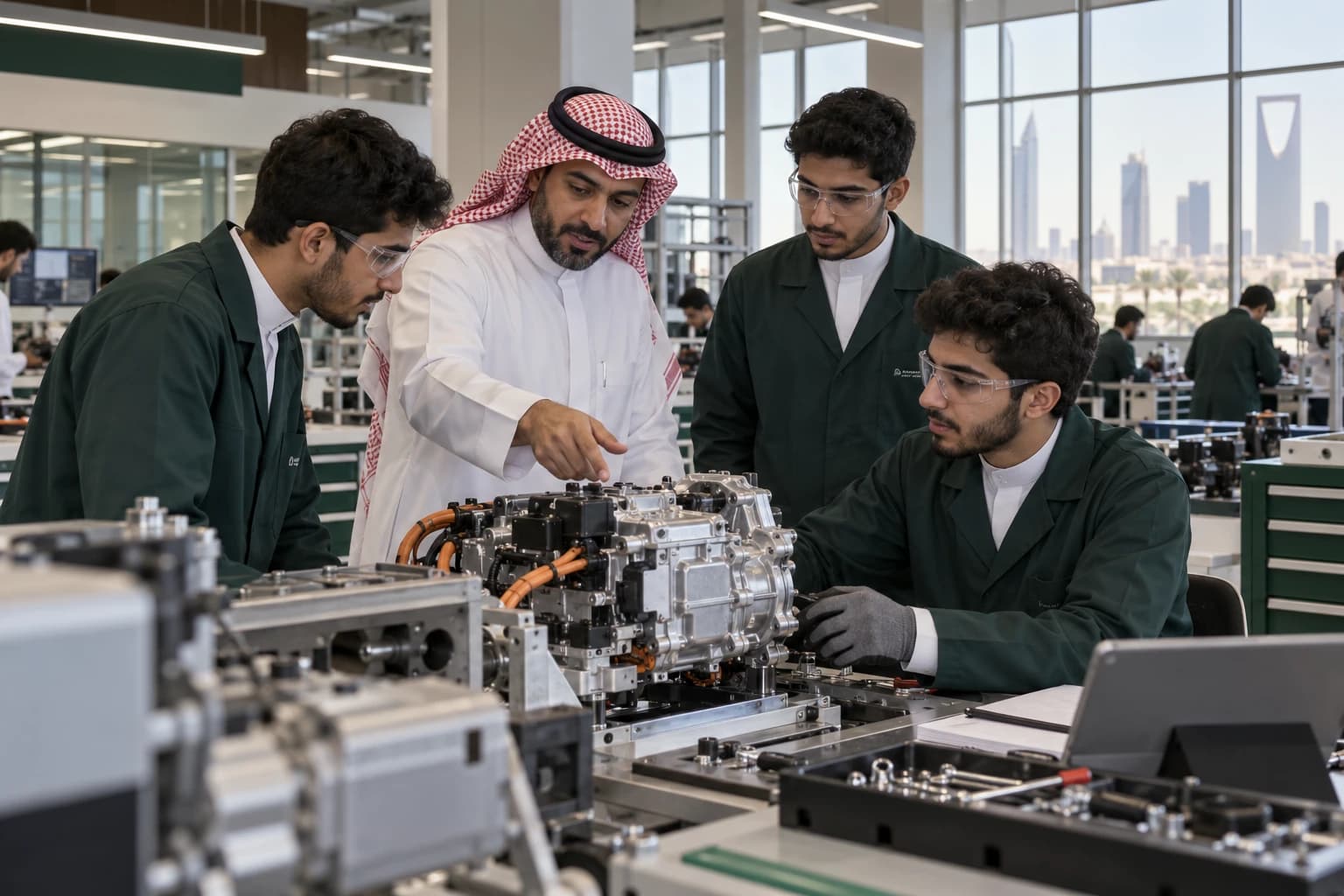 Saudi instructor mentoring adult trainees at a technical workstation.