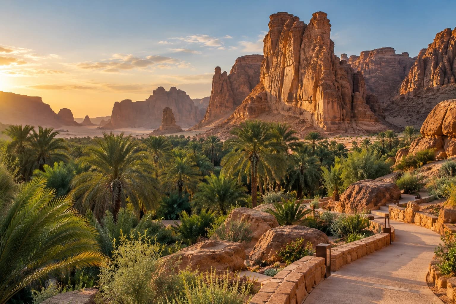 AlUla sandstone cliffs and oasis palms in warm afternoon light.