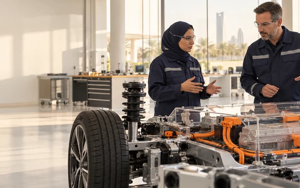 جلسة تدريب تصورية للسيارات تضم مهندسة سعودية ومدرباً