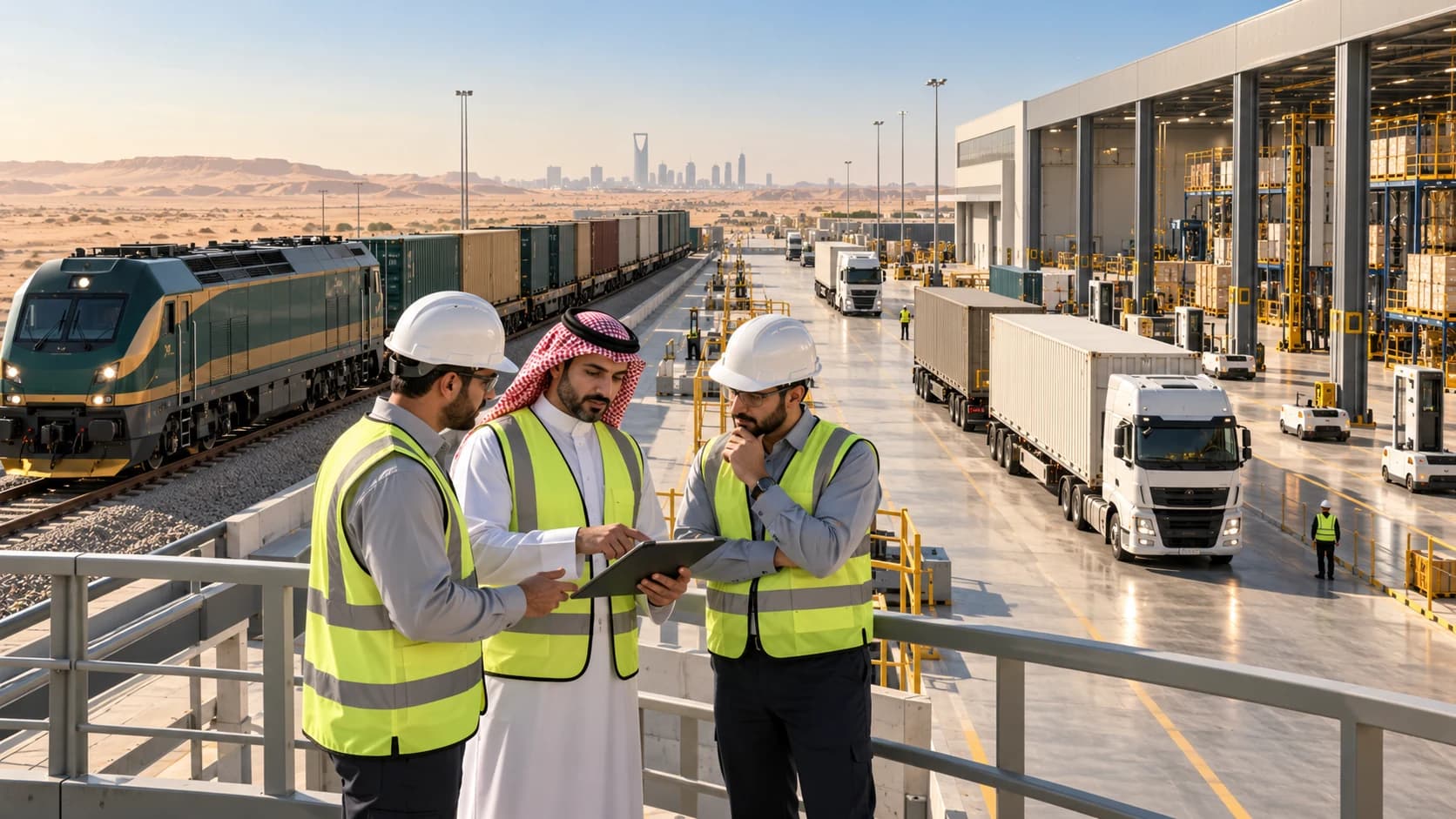 Saudi logistics professionals review freight operations at a modern rail and warehouse hub.