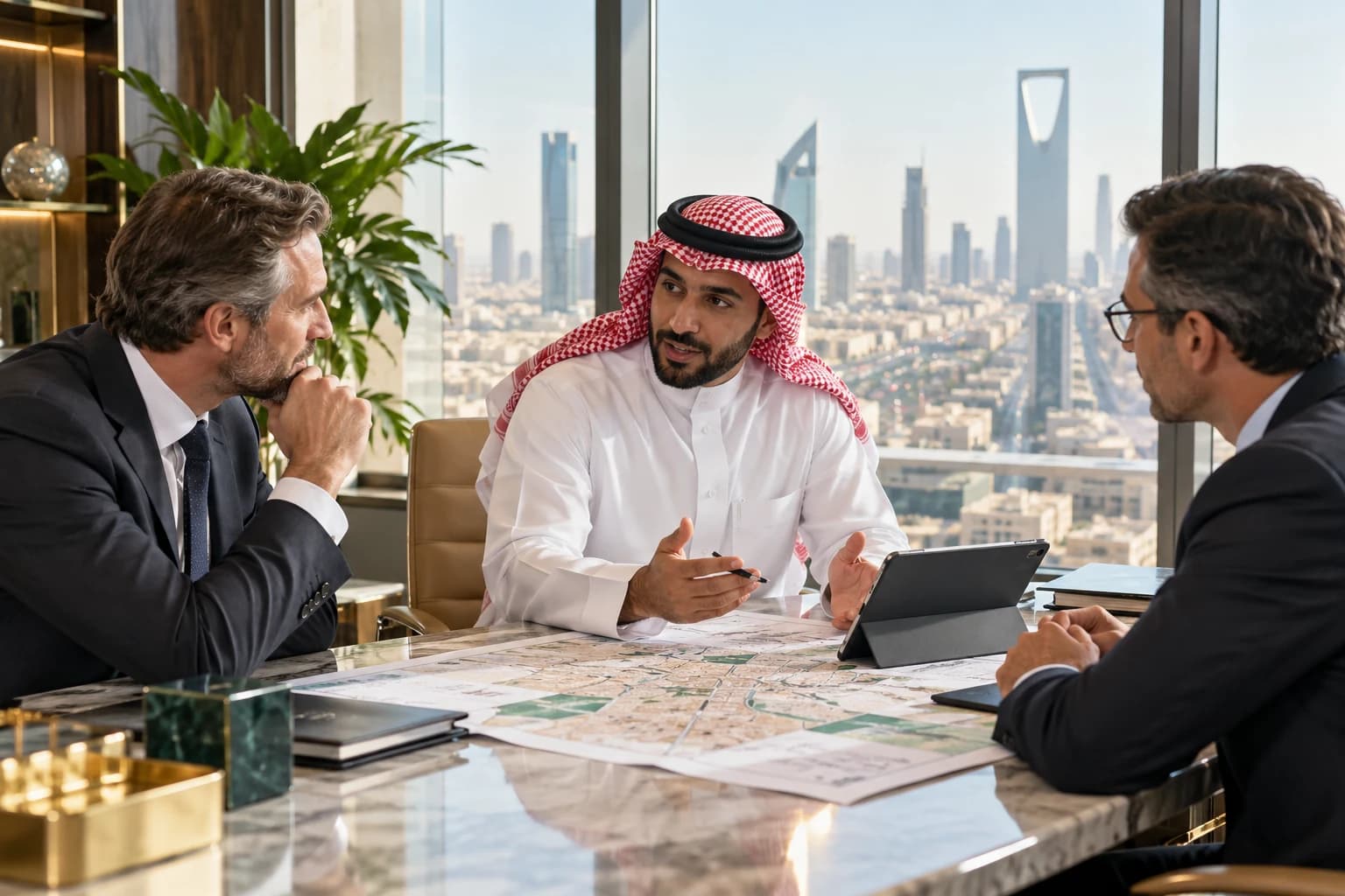 A Saudi business advisor discusses an investment plan with international executives in Riyadh.