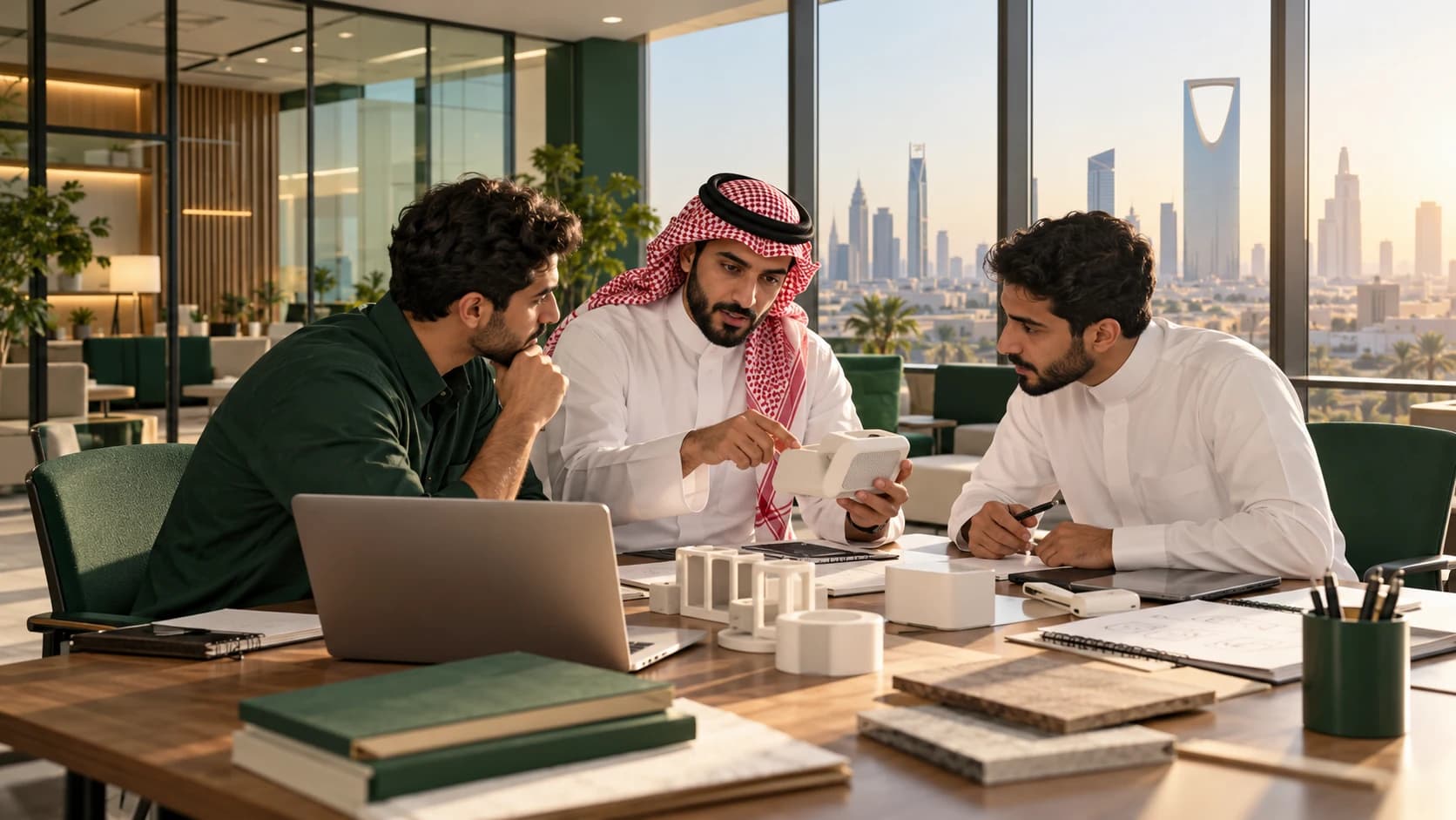 A Saudi founder reviews a prototype with two teammates in a Riyadh startup workspace.