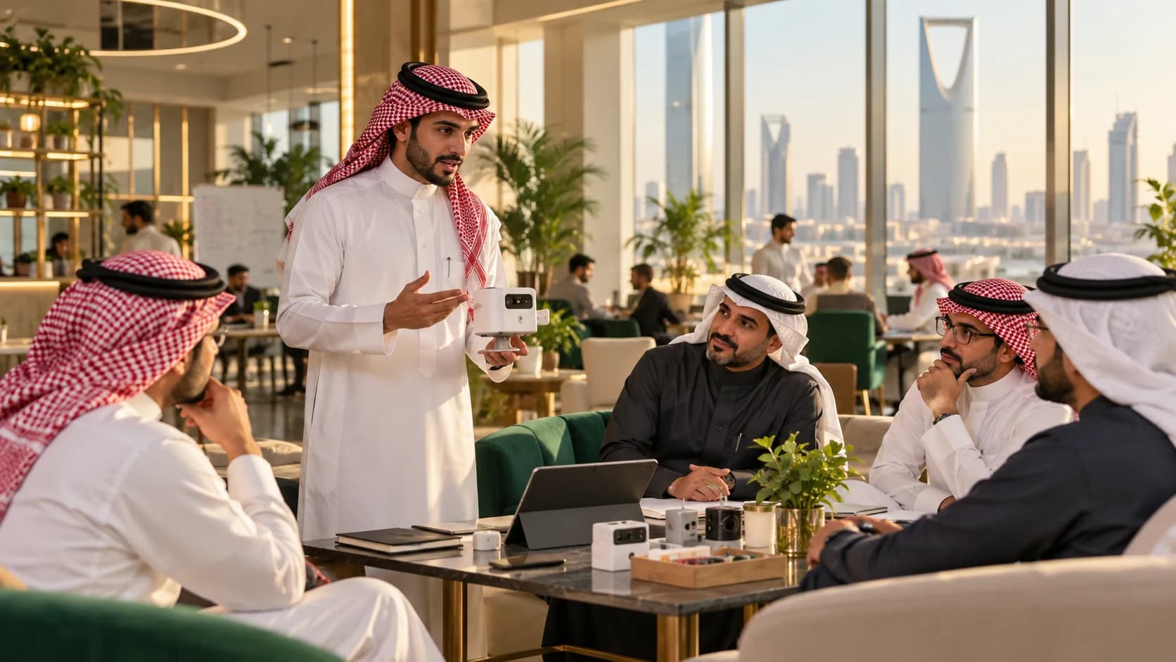 A Saudi founder presents a prototype to male mentors in a Riyadh accelerator.