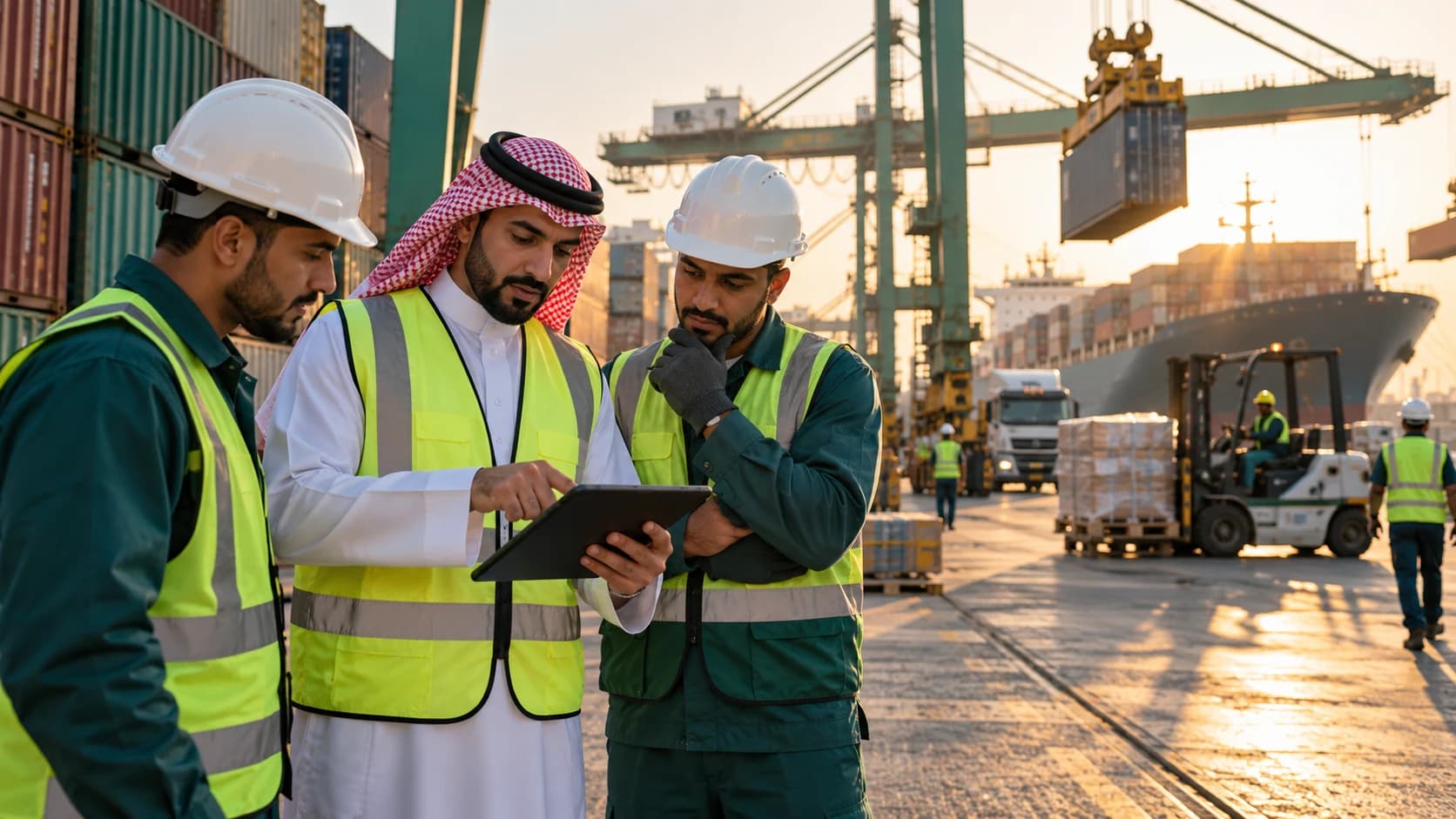 Saudi export professionals coordinate a shipment at a cargo terminal.