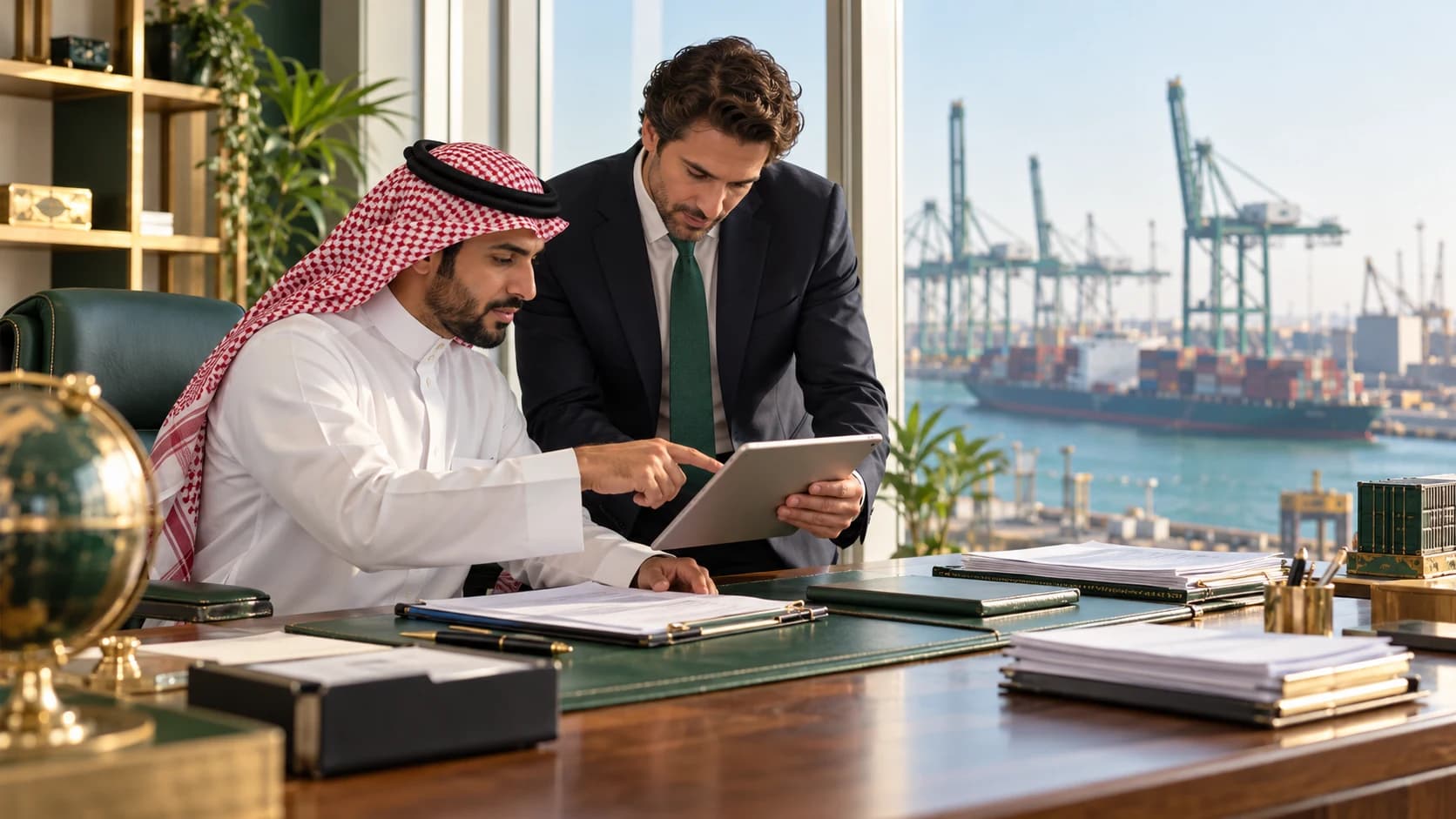 A Saudi trade professional and an international colleague review export documents beside a port view.