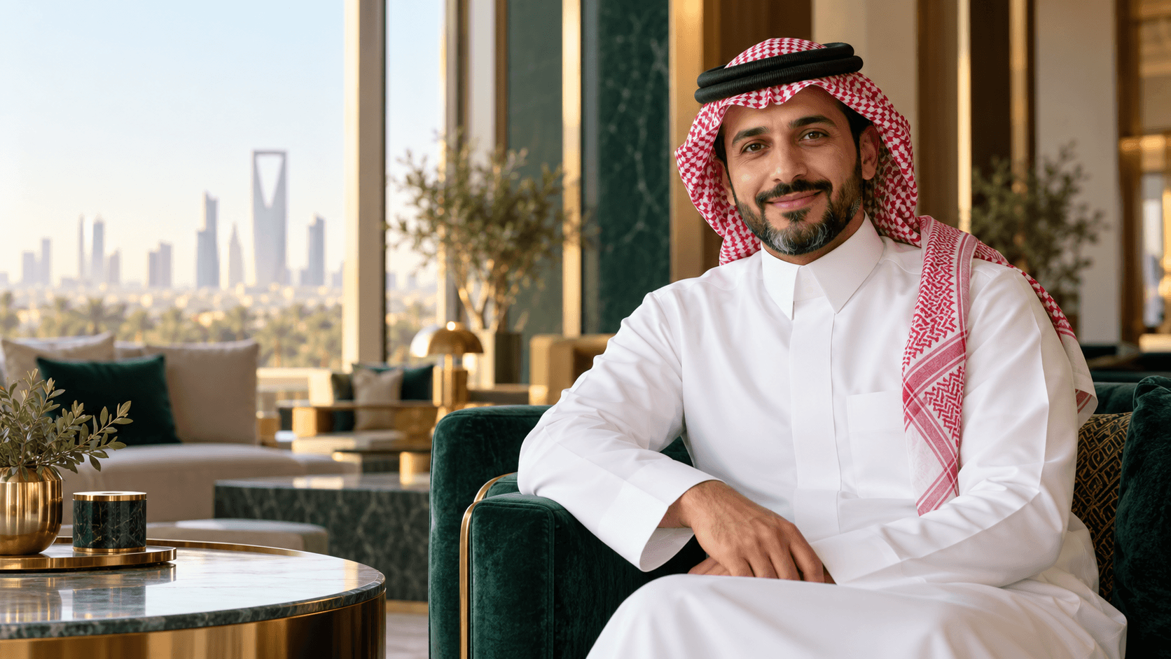 Saudi male concierge in a white thobe in a modern Riyadh lounge