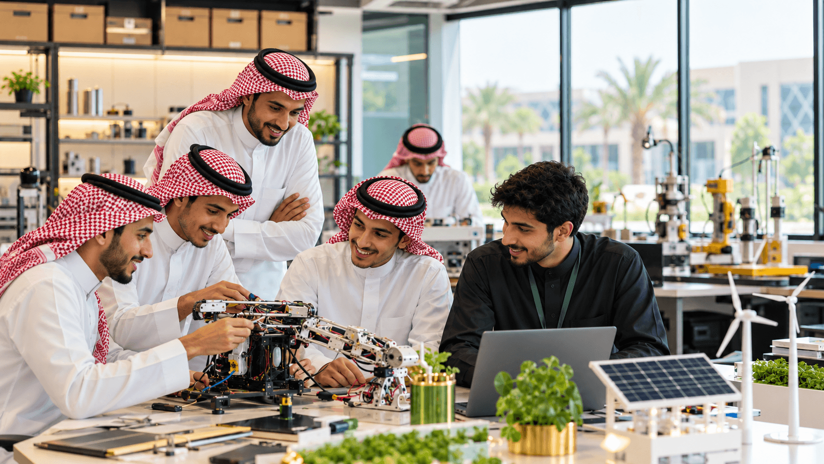 Saudi mentors and learners working on a technology prototype