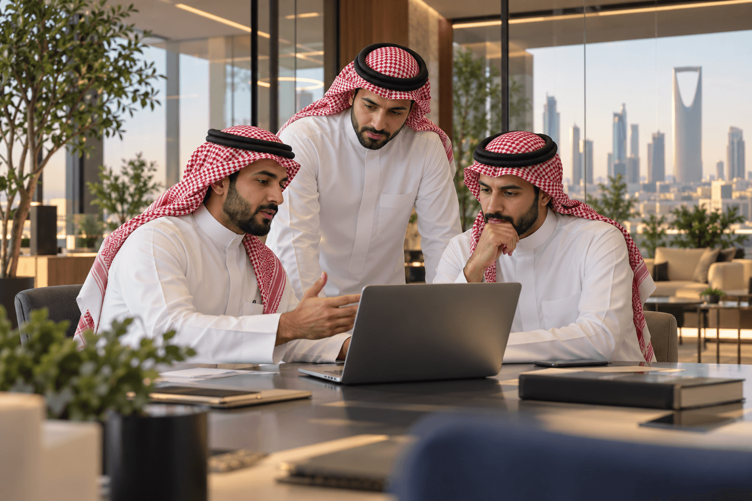Saudi founders collaborating around a laptop in a Riyadh innovation hub