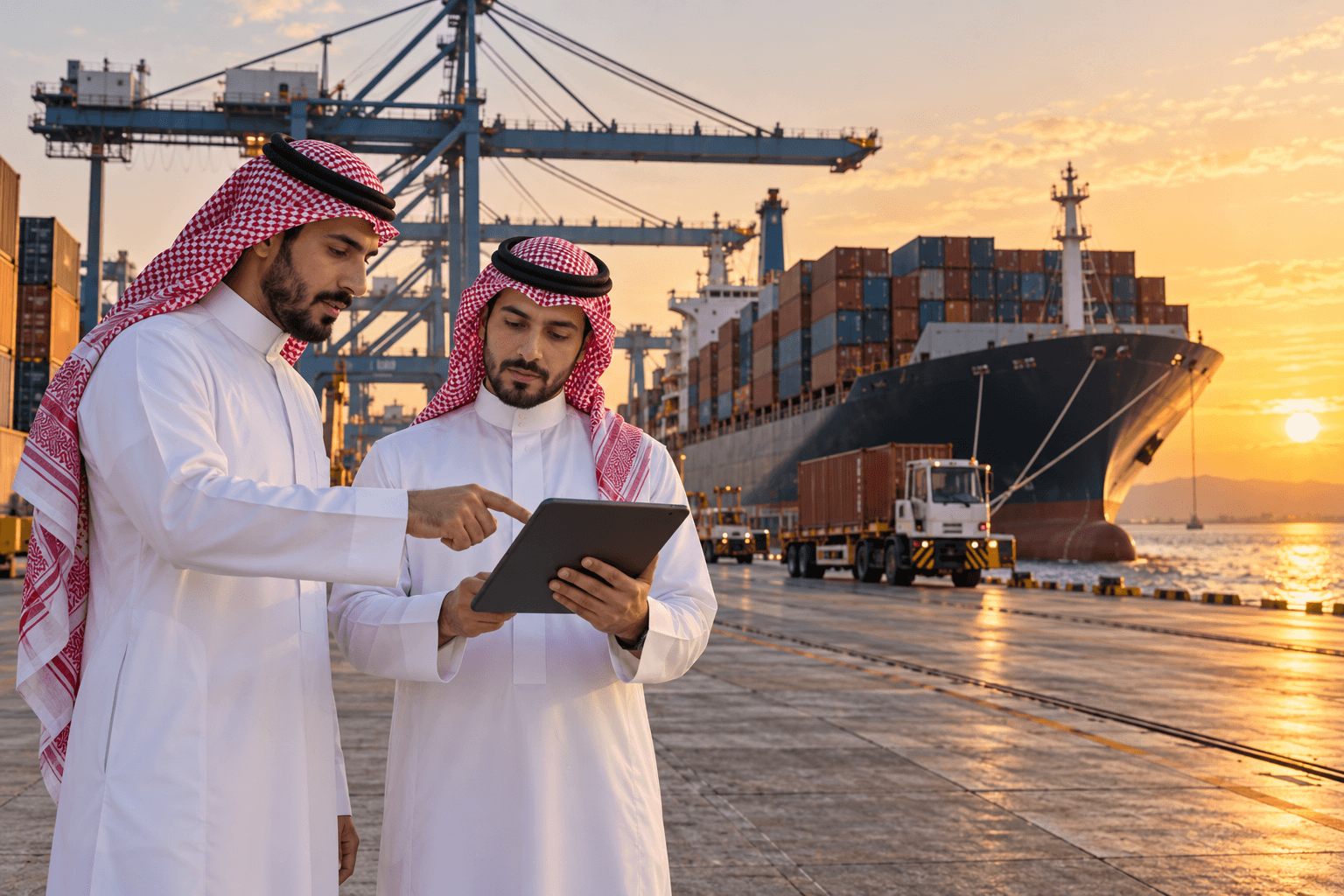 Saudi business professionals reviewing trade documents at a Red Sea container port