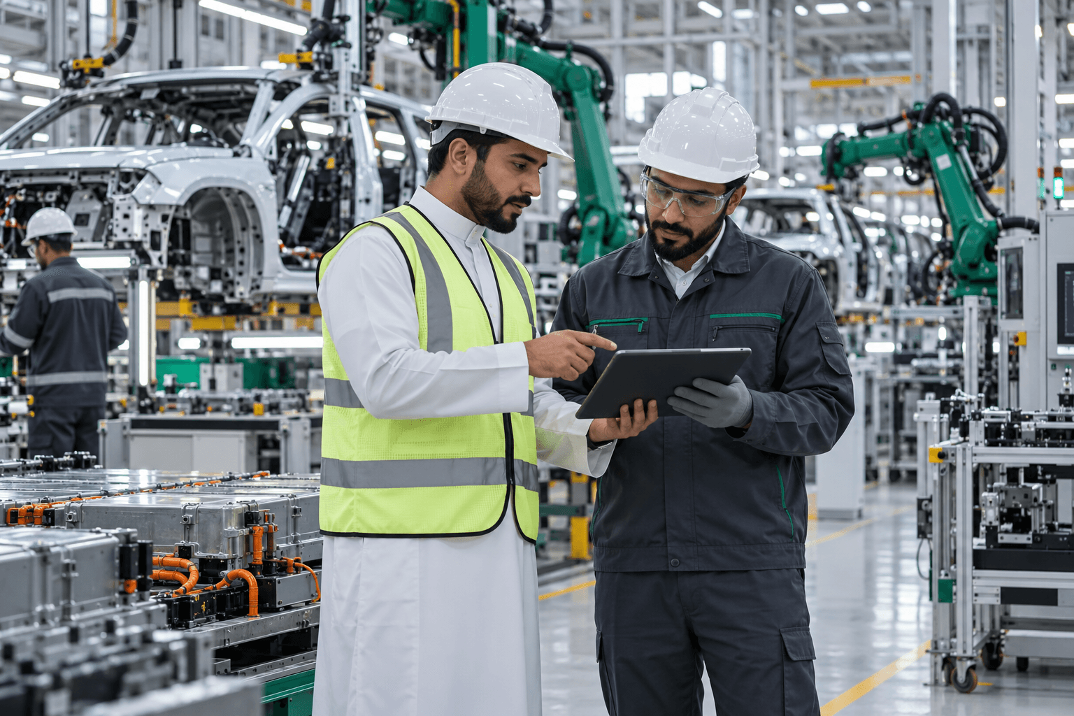 Saudi engineers reviewing advanced manufacturing equipment