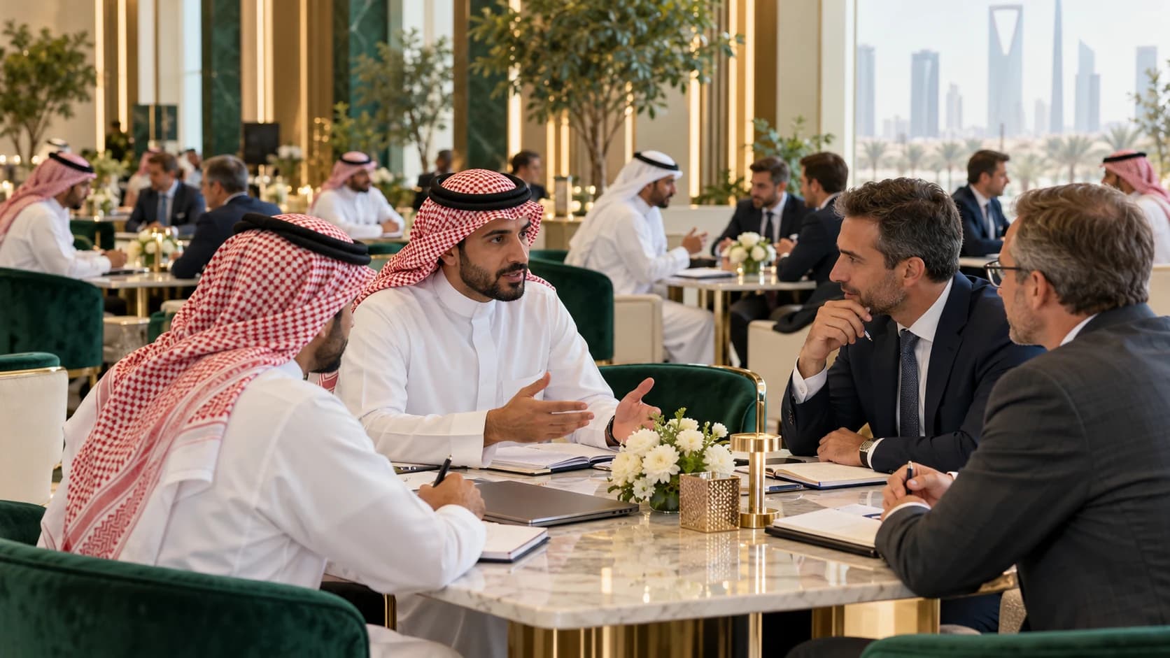 Saudi entrepreneurs and international visitors exchange ideas at B2B tables in Riyadh.