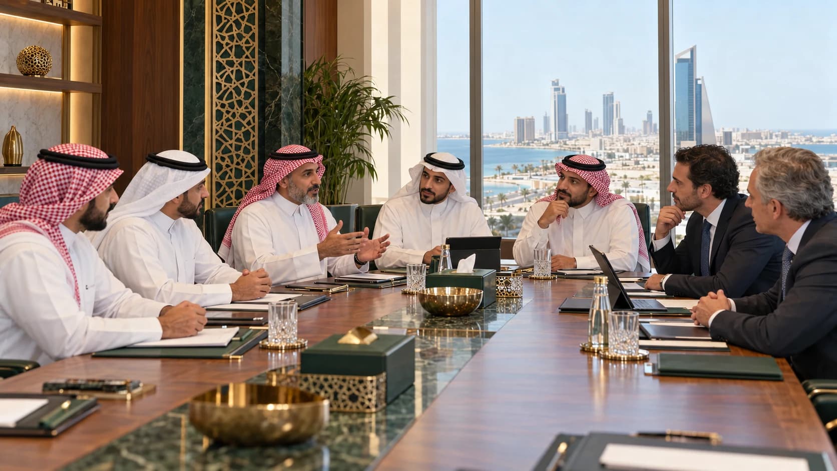 Saudi business members and international colleagues discuss issues at a Jeddah boardroom roundtable.