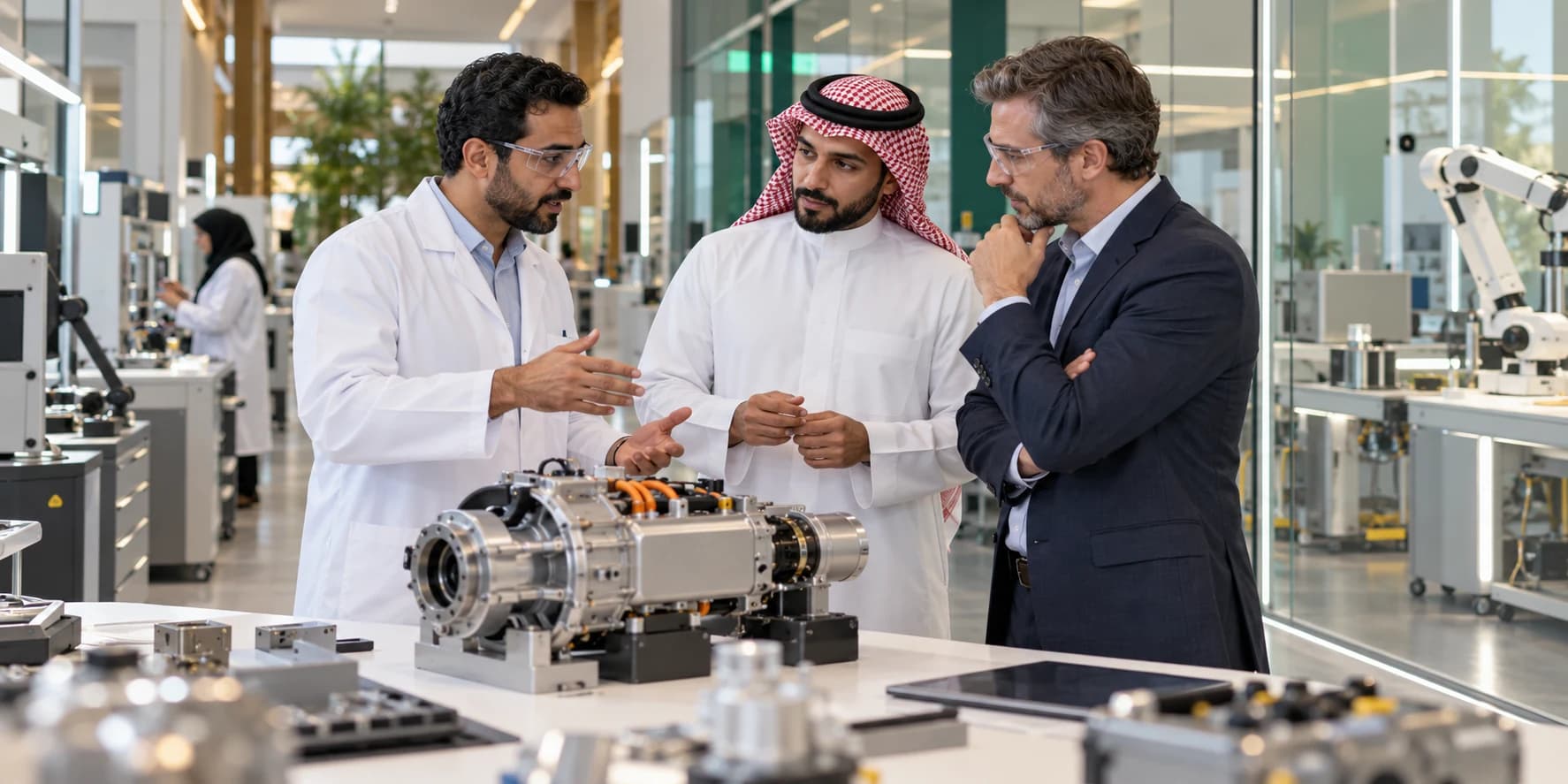 A Saudi researcher, business leader and engineer discuss an industrial prototype at a research centre.