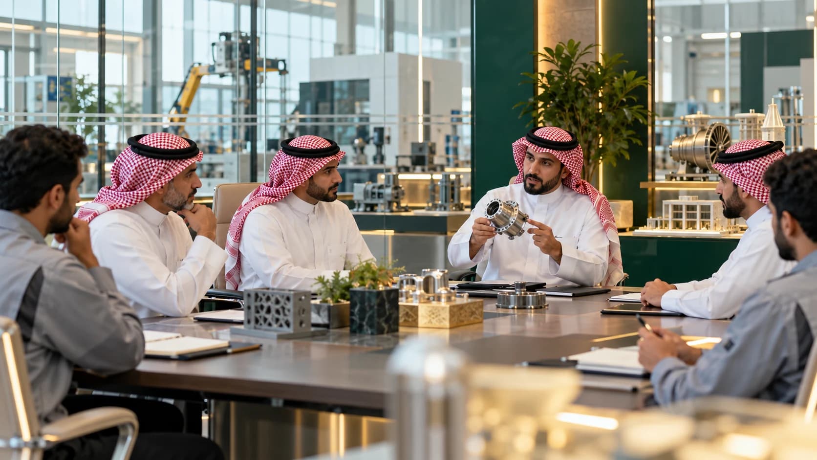 Saudi industry leaders examine a component during a sector committee meeting.