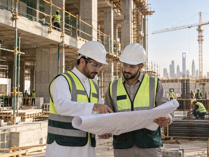 مهندسون تصوريون يراجعون الرسومات بموقع بناء سعودي منظم