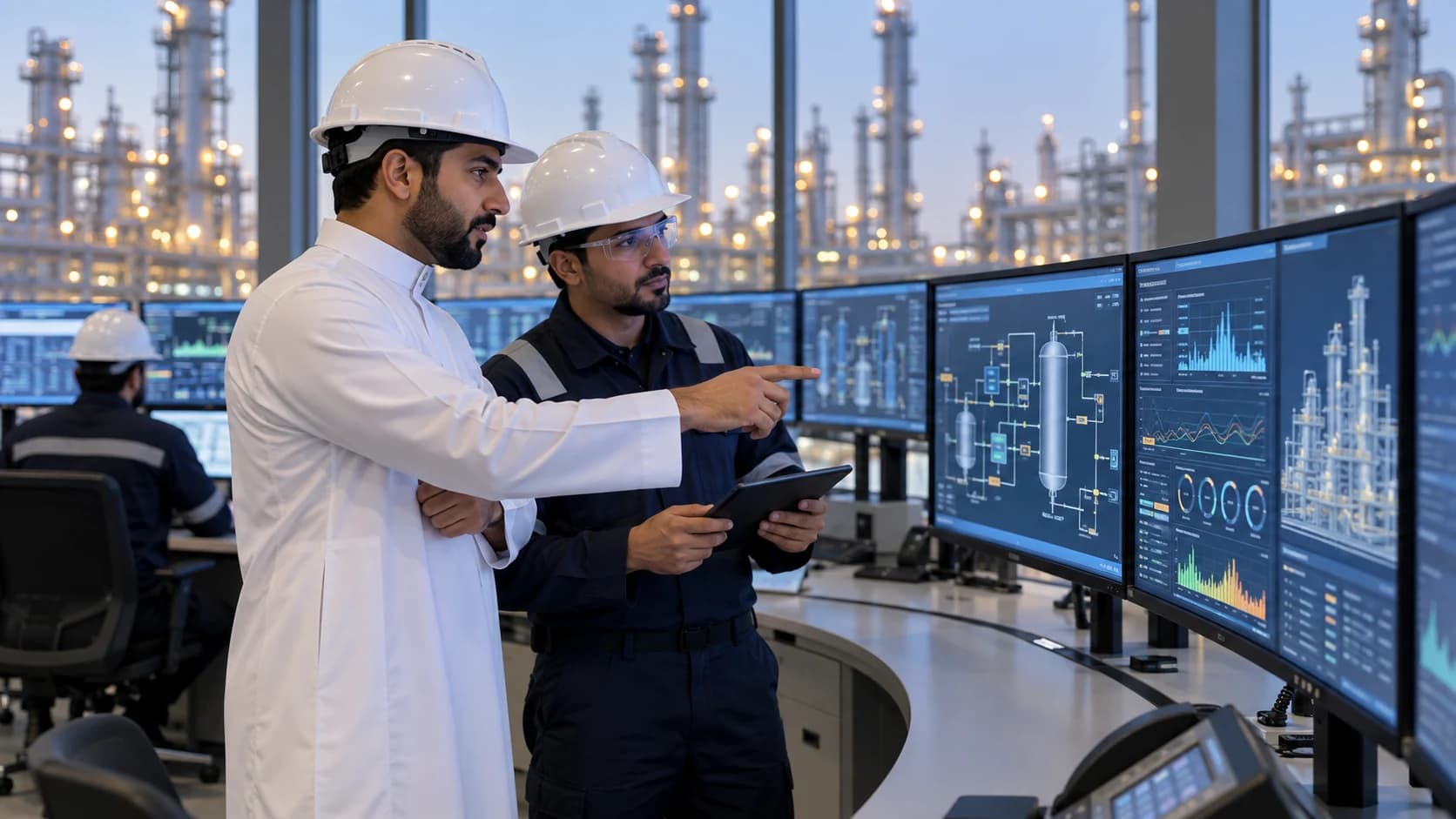 Illustrative image: a Saudi engineer and colleague reviewing industrial control screens