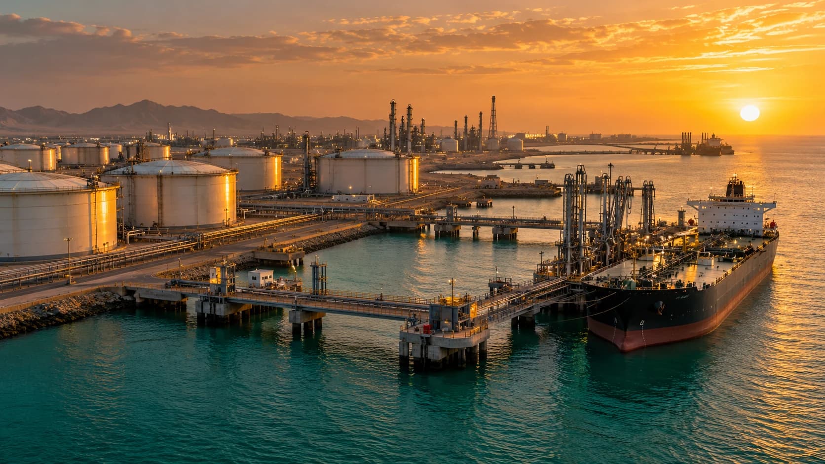 Illustrative image: an export terminal with storage tanks and a cargo vessel