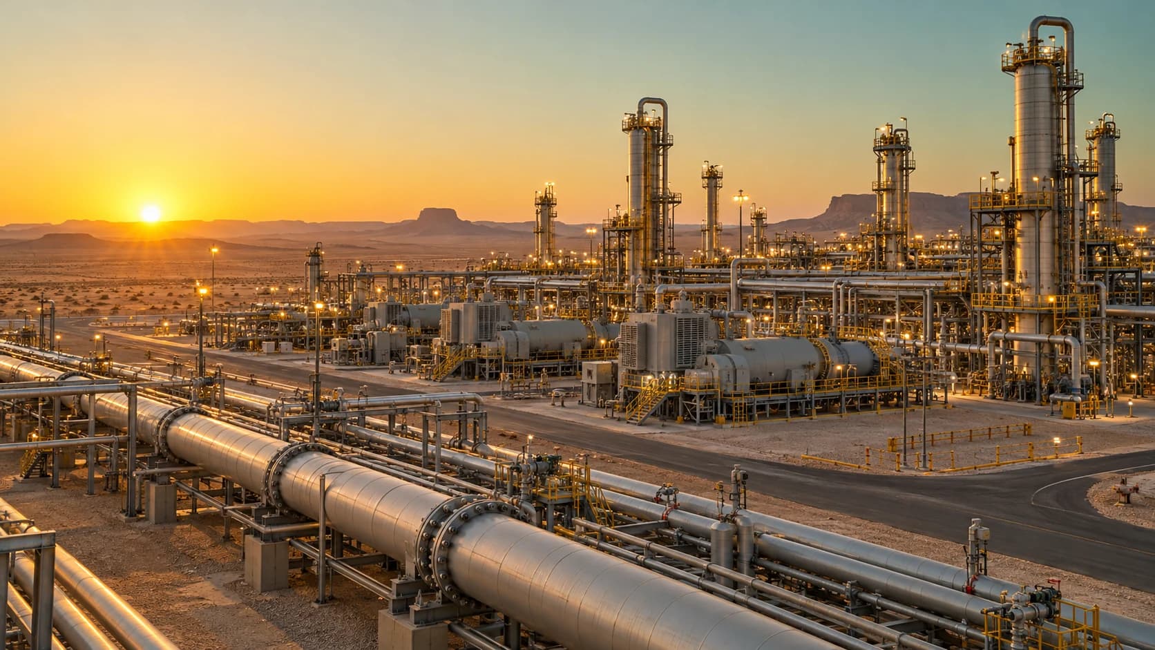 Illustrative image: a gas processing facility in a desert landscape at sunrise
