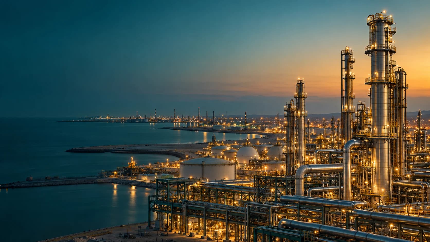 Illustrative image: a petrochemical refinery beside the Gulf at dusk