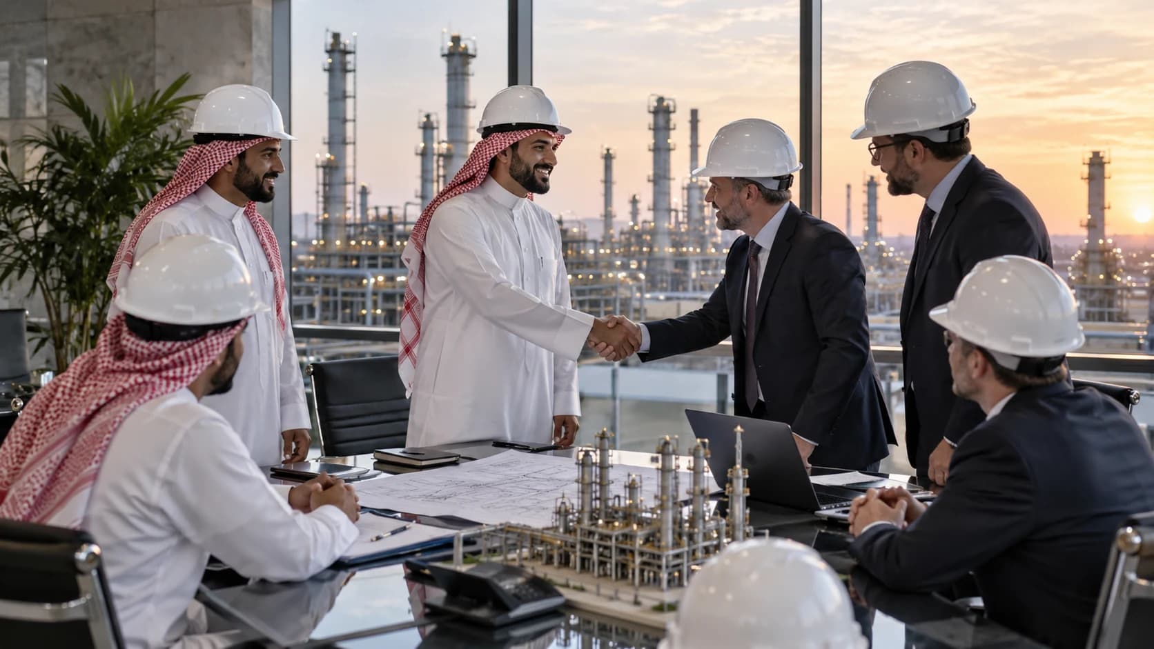 Illustrative image: Saudi and international energy professionals reviewing a project