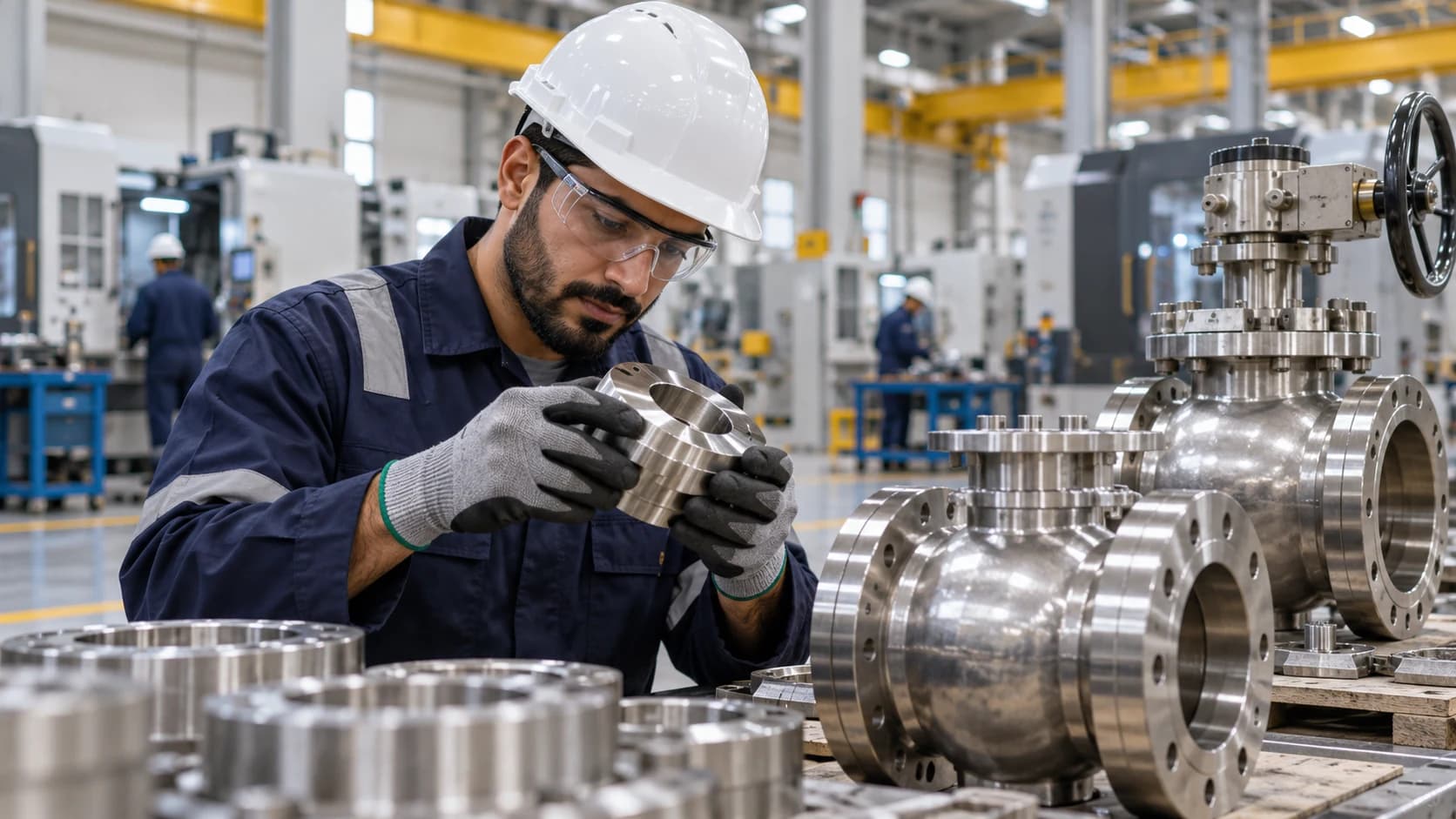Illustrative image: a technician inspecting precision-machined industrial components