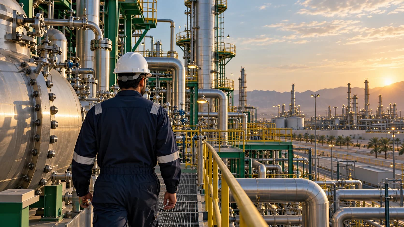 Illustrative image: a process technician walking through an industrial facility