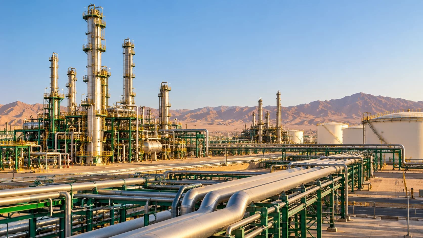Illustrative image: refinery process towers and pipelines