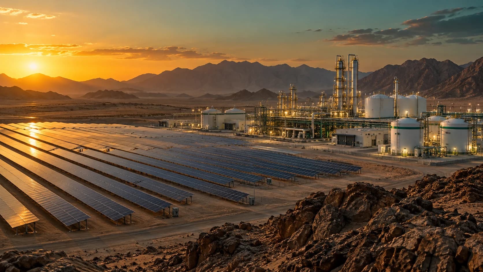 Illustrative image: solar panels beside an industrial facility in the desert