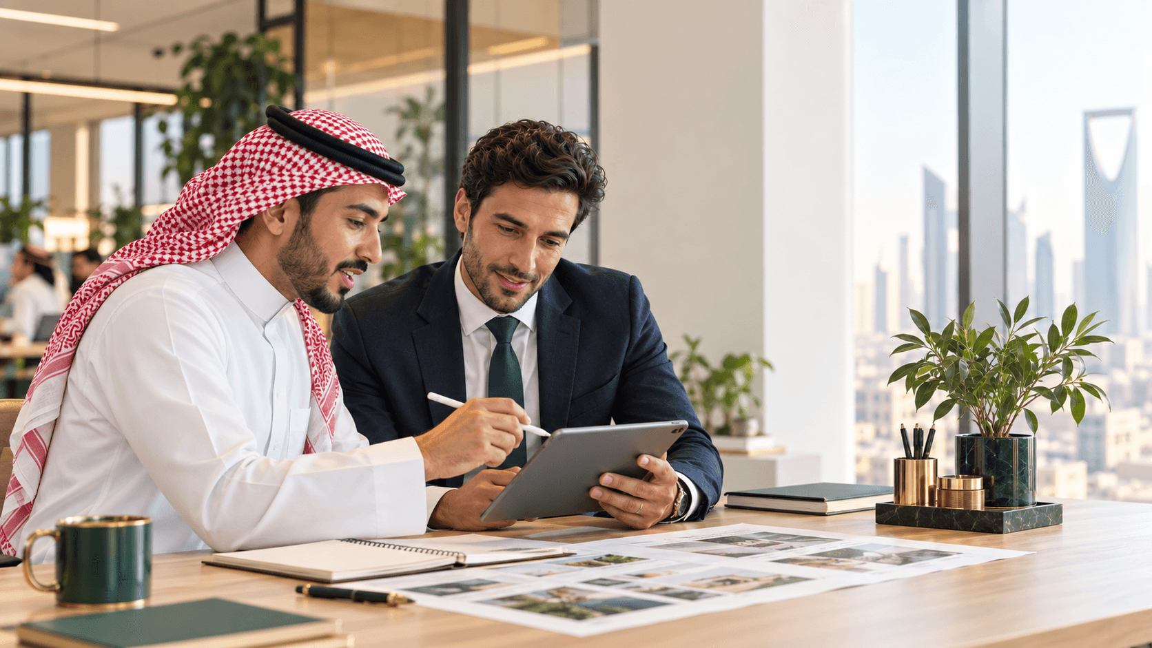 A Saudi professional and a colleague reviewing plans on a tablet in a modern office