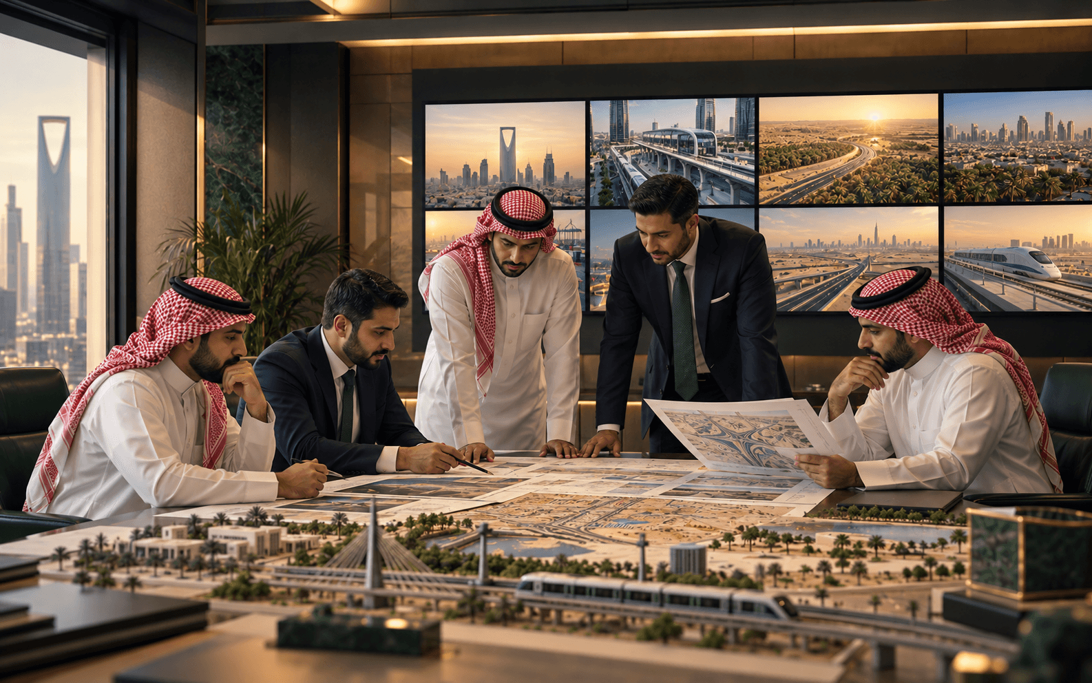 A business team in Saudi attire reviewing plans around a development model