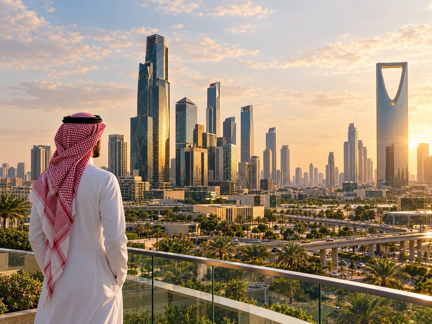 A visitor in traditional dress overlooking a modern city skyline