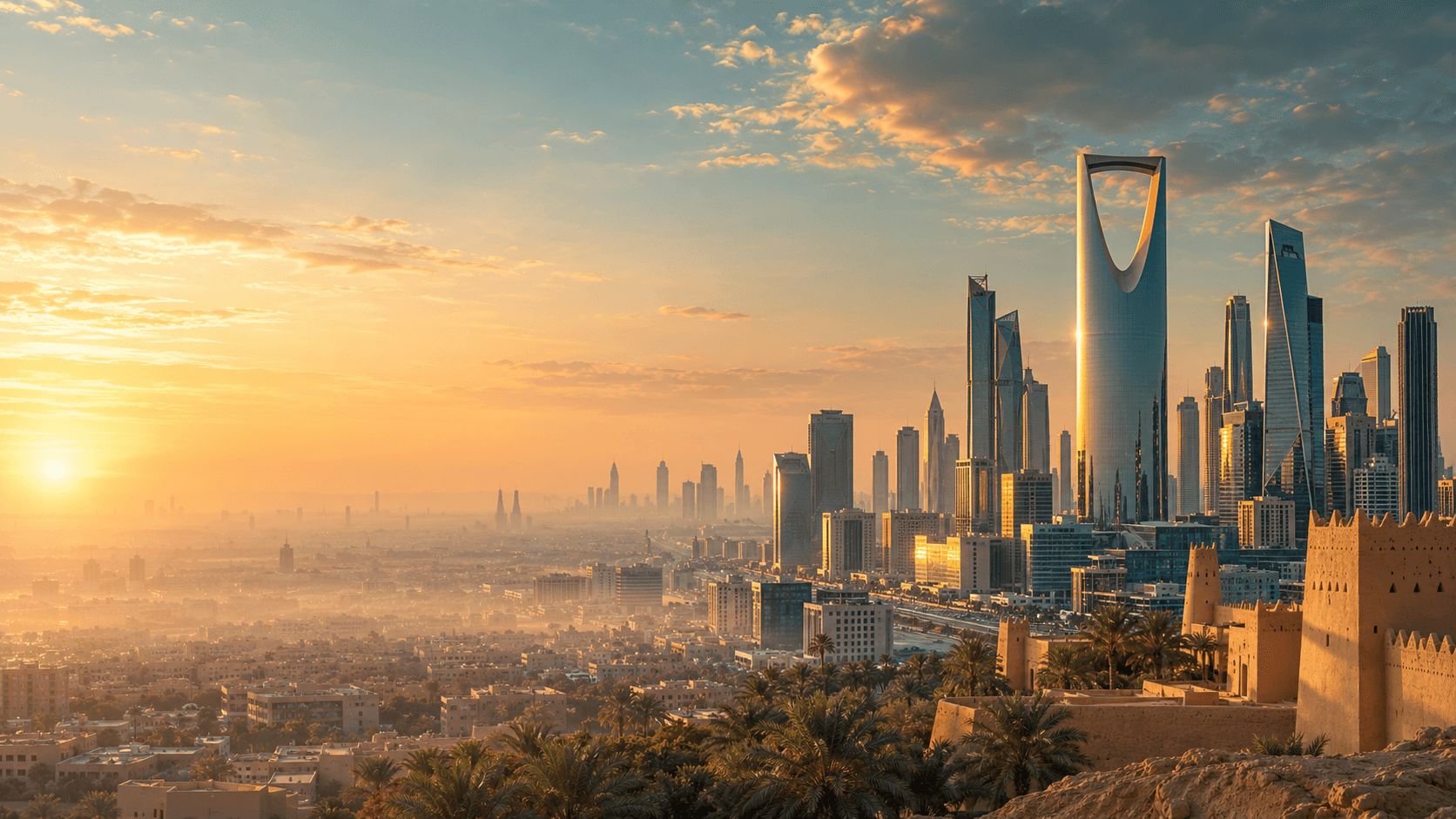 City skyline and a historic mud-brick fort at sunrise