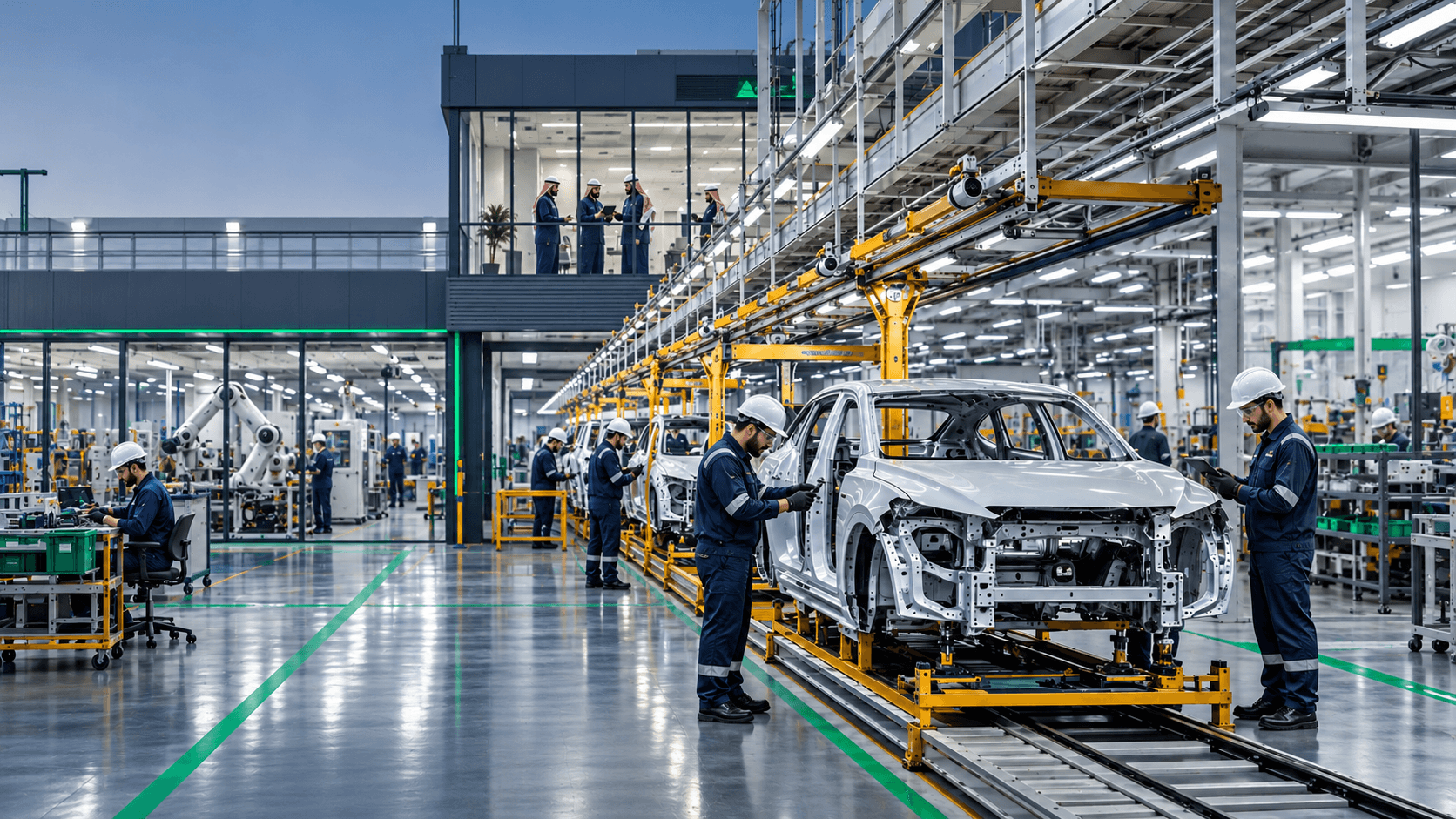 Technicians working on a modern vehicle assembly line