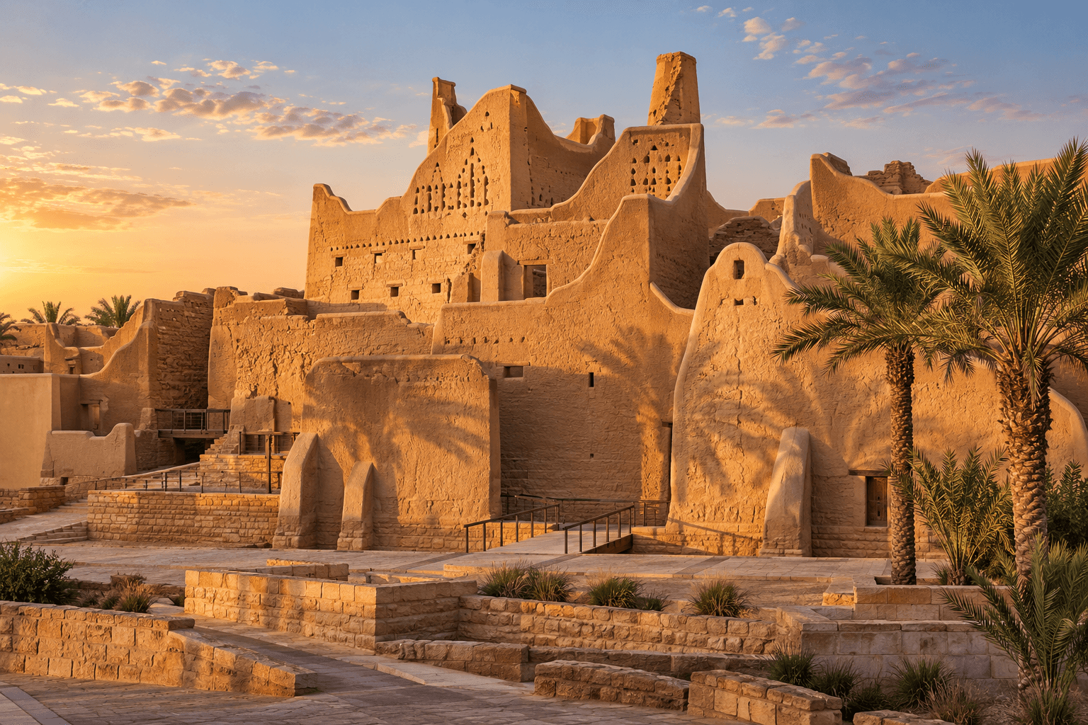 Traditional mud-brick heritage architecture framed by palm trees